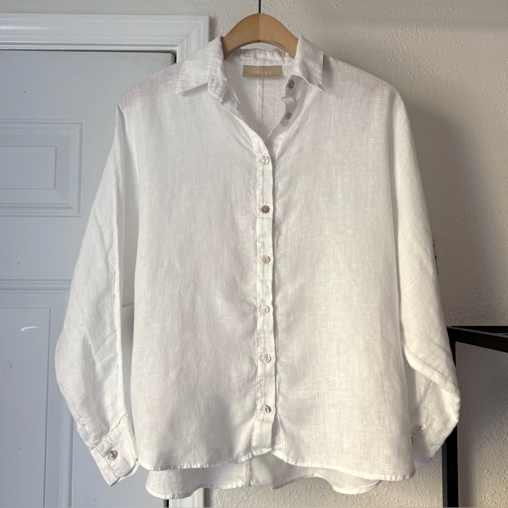 VELEZ white linen batwing dolman long sleeve button up boxy shirt‎ blouse top